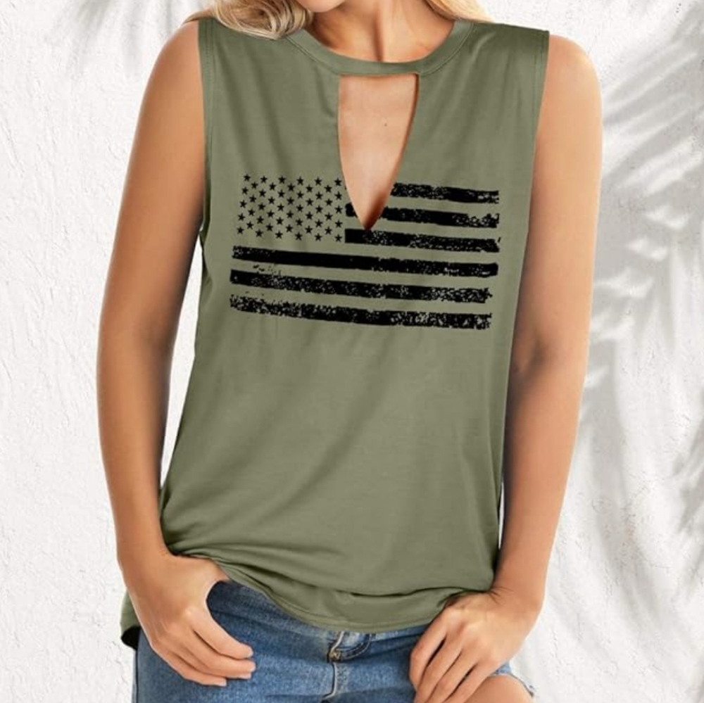 Olive Green Sleeveless Top with Black Flag Design